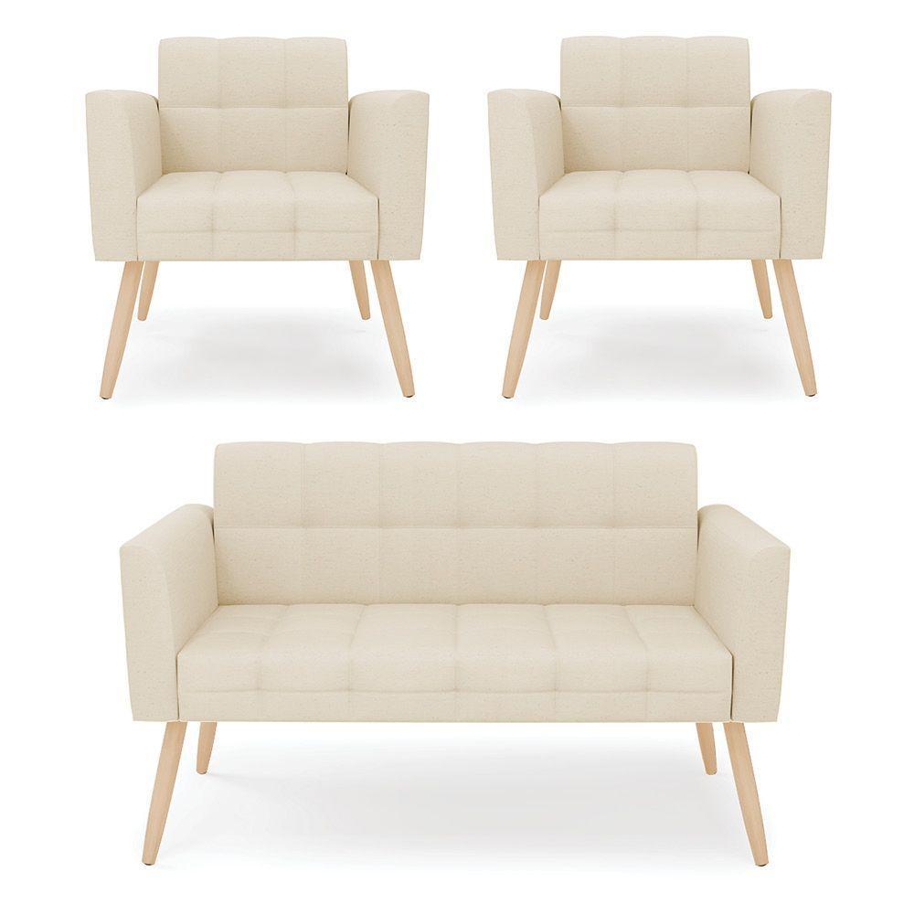 Kit 1 Sofá Namoradeira E 2 Poltronas Elisa Linho Bege A19 Pés Palito Natural - D'rossi - 1