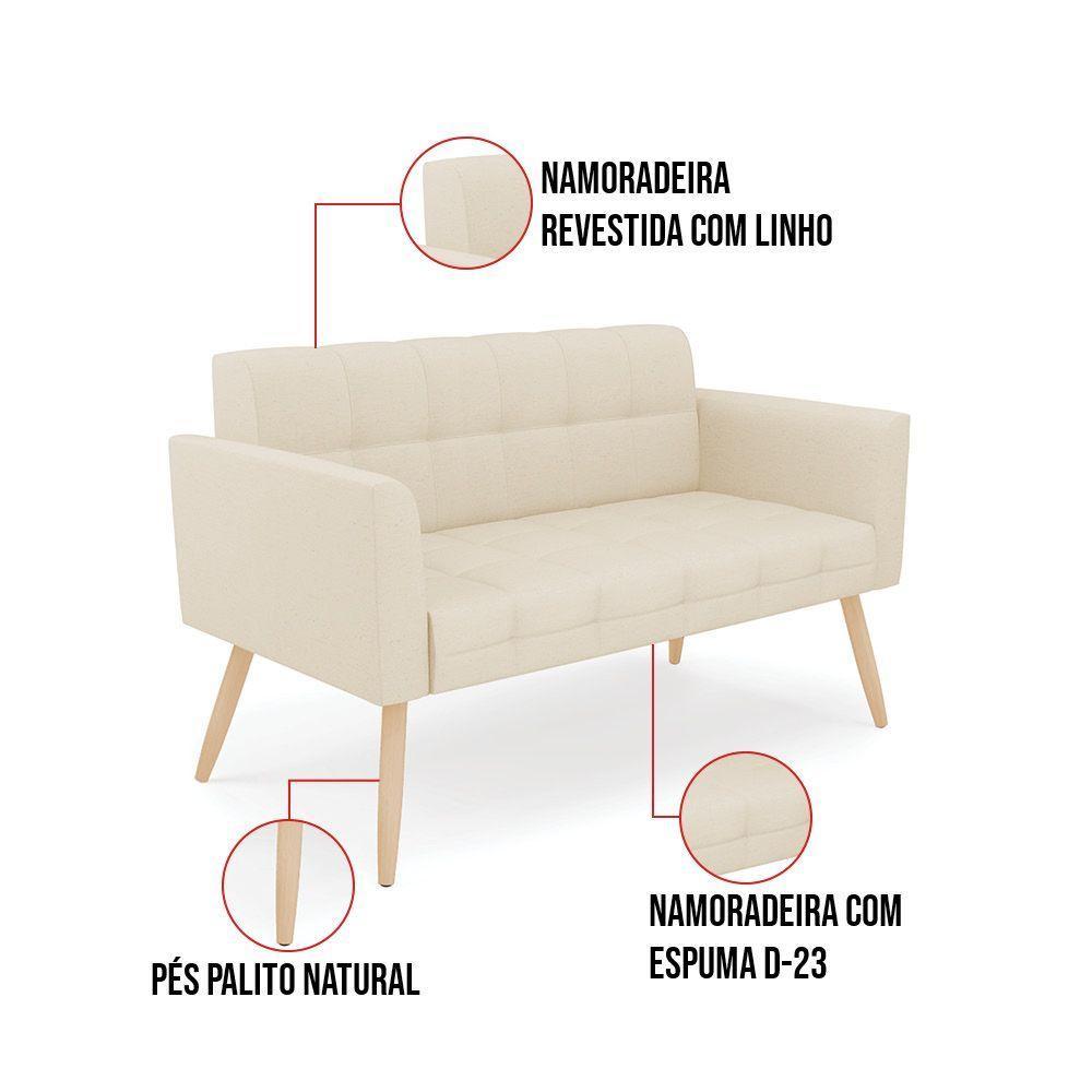 Kit 1 Sofá Namoradeira E 2 Poltronas Elisa Linho Bege A19 Pés Palito Natural - D'rossi - 4