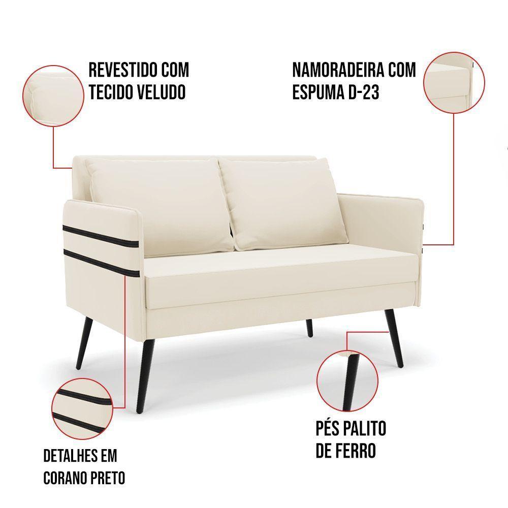 Namoradeira 02 Lugares Mari Veludo Pés Palito De Ferro - D'rossi Cor Bege - 4