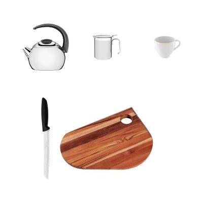 Kit Café da Manhã Tramontina com Chaleira e Bule e Xícara e Faca e Tábua de Pão em Aço Inox