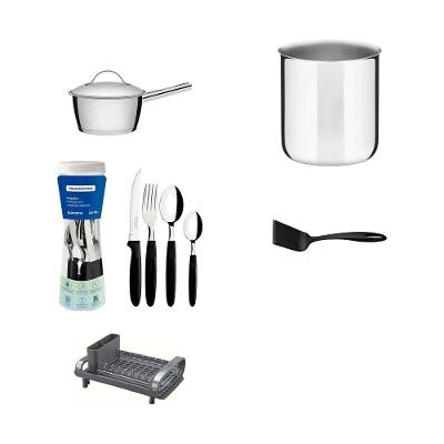 Kit Cozinha Compacta Motorhome com Panela Copo Inox Faqueiro e Escorredor Aço Inox Grafite
