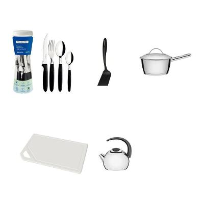 Kit Cozinha Essencial com Faqueiro e Panela e Tábua e Chaleira Aço Inox Praticidade Doméstica Branco