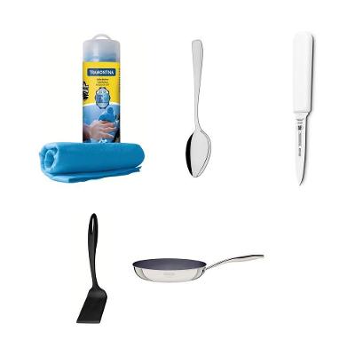 Kit Cozinha Essencial Econômico com Frigideira Espátula Faca e Colher em Aço Inox Preto Tramontina