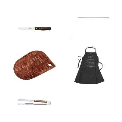 Kit Churrasco de Domingo com Faca Espeto Tábua Avental e Pegador em Aço Inox e Madeira Preto
