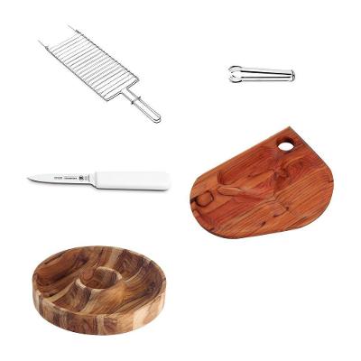 Kit Tramontina Varanda Gourmet com Grelha Pegador Faca Tábua e Petisqueira em Aço Inox e Madeira FSC