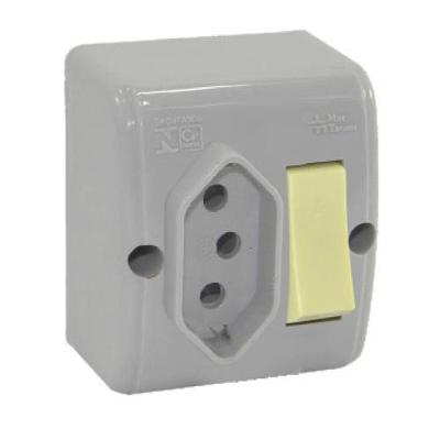 Interruptor 1 Tecla com Tomada 10A para Sobrepor Cinza Mec Tronic 7534