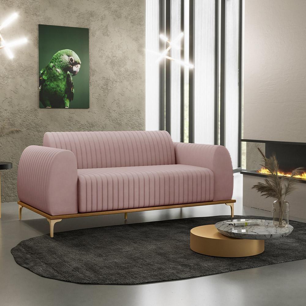 Sofá 3 Lugares Molino 180 Cm Pés D'ouro Veludo Rosê C-305 - 7