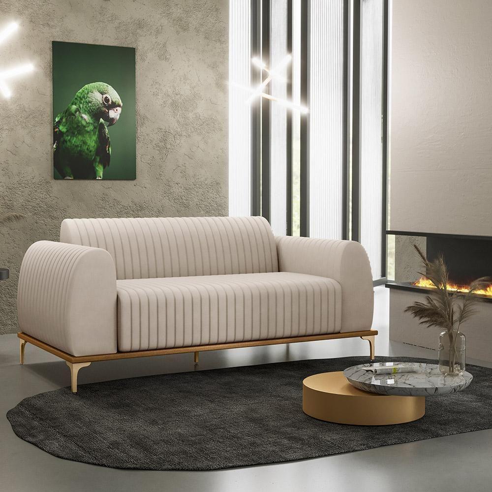 Sofá 3 Lugares Molino 180 Cm Pés D'ouro Veludo Bege C-309 - 7