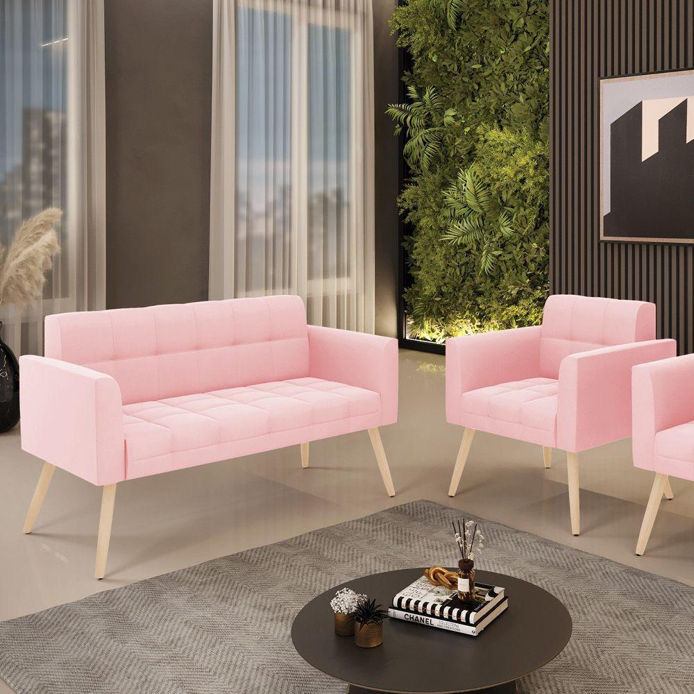 Kit 1 Sofá Namoradeira E 1 Poltrona Elisa Suede Rosa Bebê Pés Palito Natural - D'rossi - 6