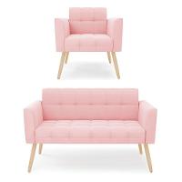 Kit 1 Sofá Namoradeira E 1 Poltrona Elisa Suede Rosa Bebê Pés Palito Natural - D'rossi - 1