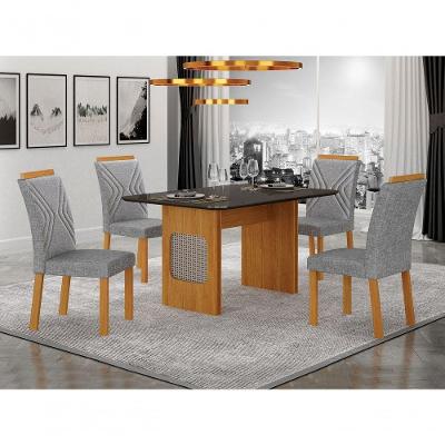 Conjunto Sala de Jantar Lara 4 Lugares Tampo Vidro Chumbo com Cadeiras Clara Plus Linho Cinza 120CM