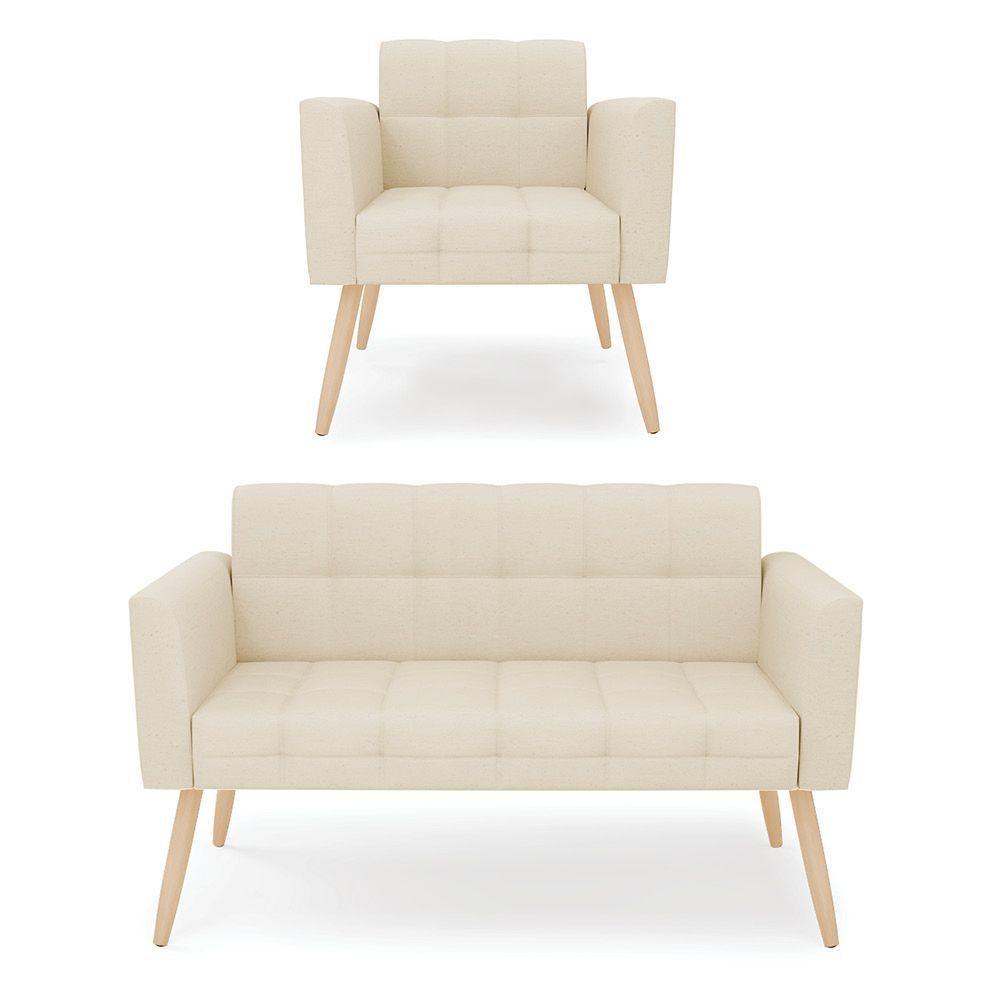 Kit 1 Sofá Namoradeira E 1 Poltrona Elisa Linho Bege A19 Pés Palito Natural - D'rossi - 1