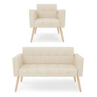 Kit 1 Sofá Namoradeira E 1 Poltrona Elisa Linho Bege A19 Pés Palito Natural - D'rossi - 1