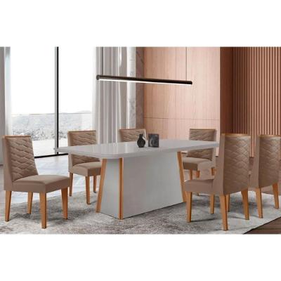 Conjunto de Jantar Tilia Curvo 6 Lugares Tampo MDF Cadeiras Estofadas Off White Suede Capuccino