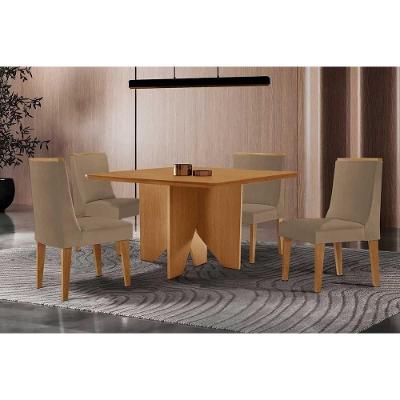 Conjunto Mesa Nevada 4 Lugares Tampo MDF com Cadeiras Dakota Capuccino-Linho Bege 90CM Móveis Rufato