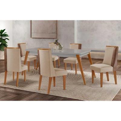 Sala de Jantar Havana Curvo 6 Lugares Tampo MDF Fosco Off White 180CM com Cadeiras Tília Suede Creme