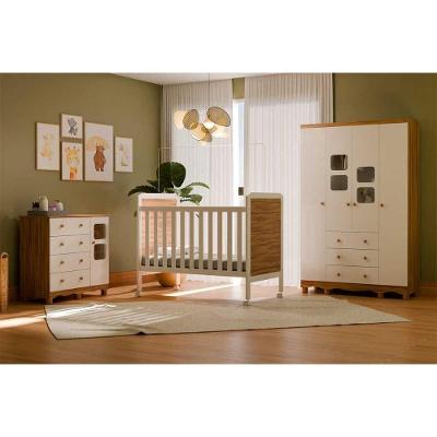 Quarto Completo Infantil Uli Guarda Roupa Berço Cômoda 4 Portas 3 Gavetas MDF Amêndoa Móveis Peroba
