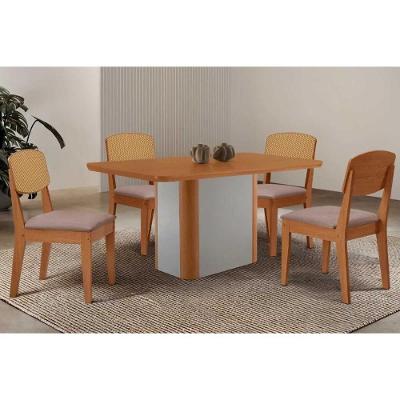 Conjunto Mesa de Jantar Pietá 4 Lugares Tampo MDF Off White e Naturale 120CM Móveis Rufato