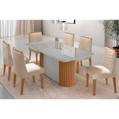 Sala de Jantar Mesa Pilar Curvo 180CM 6 Lugares Tampo MDF Suede Off White e Capuccino Móveis Rufato