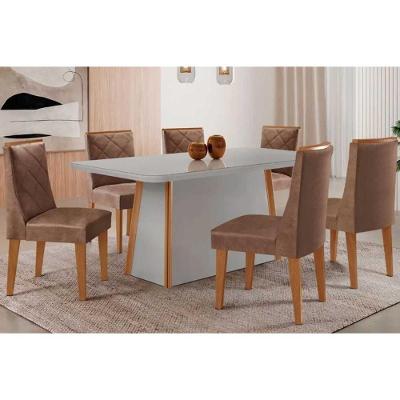 Sala de Jantar Tilia Curvo 6 Lugares Tampo MDF Cadeiras Estofadas Off White e Capuccino 180CM Móveis