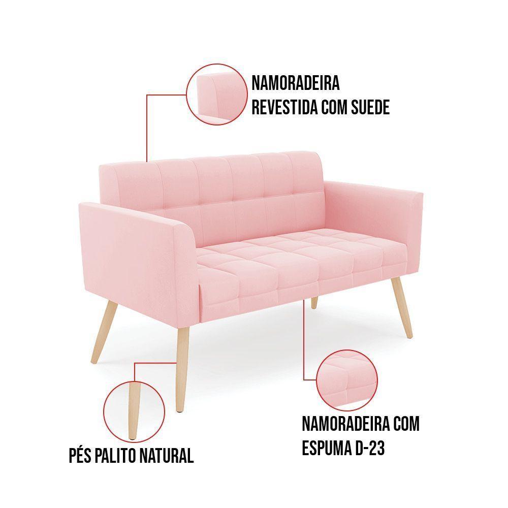 Kit 1 Sofá Namoradeira E 1 Poltrona Elisa Suede Pés Palito  - D'rossi Cor Rosa Bebê - 4