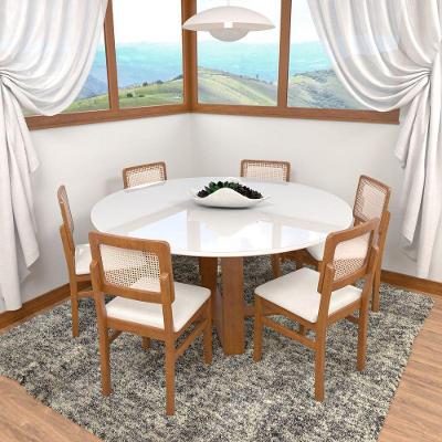 Conjunto de Mesa Madri 6 Lugares Tampo em MDF com Cadeiras Lyon Assento Corano Bege 150CM