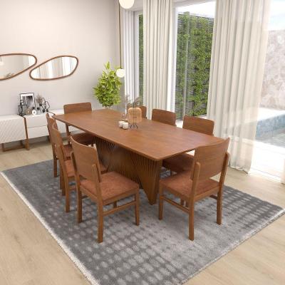 Conjunto Mesa Dubai 8 Lugares Tampo em MDF Amêndoa com Cadeiras Quéops Corano Marrom Mescla 220CM