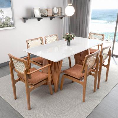 Conjunto de Mesa de Jantar Gus 6 Lugares Tampo MDF com Vidro Cadeiras Aço Assento Corano Marrom