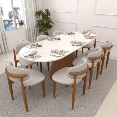 Conjunto Mesa Roma 8 Lugares Tampo em MDF Assento Estofado em Linho Bege Mescla 220X90CM