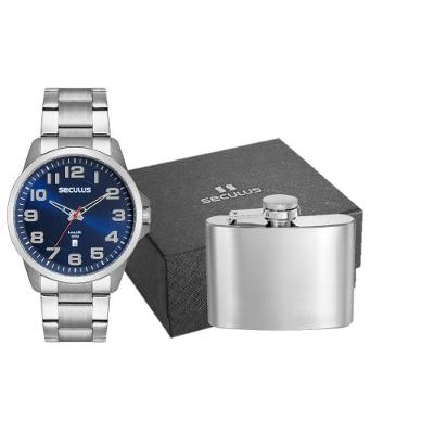 Kit Relógio Masculino Analógico em Aço Inox Prata Mostrador Azul com Cantil Séculus