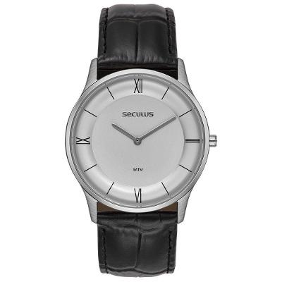 Relógio Masculino Slim Minimalista Analógico Couro Preto com Cristal Mineral Séculus