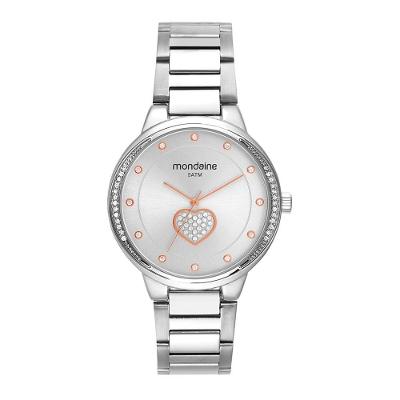 Relógio Feminino Coração Cristais Clássico em Aço Inox com Design Prata Mondaine