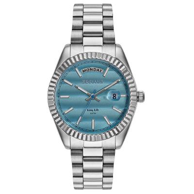 Relógio Feminino Catraca Facetada Clássico Aço Inox Mostrador Azul Séculus