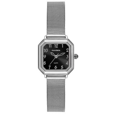 Relógio Feminino Clássico Quadrado Aço Inox Preto e Prata Mondaine 23MM