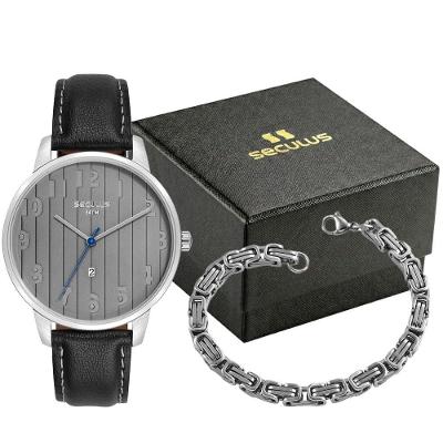 Relógio Masculino Kit Prata Couro e Aço Analógico Cinza 40MM 5 ATM Séculus