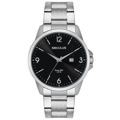 Relógio Masculino Prata Aço com Visor Preto em Aço Inox Séculus