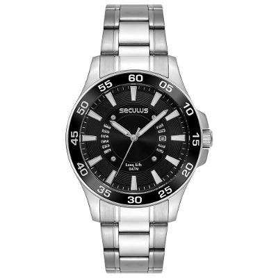 Relógio Masculino Aço Prata Calendário Analógico em Aço Inox Séculus 44MM
