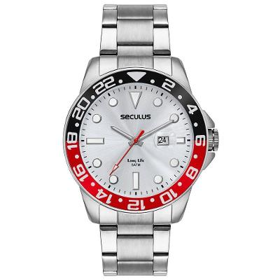Relógio Masculino Aço com Lupa para Calendário Clássico Aço Inox Prata Séculus