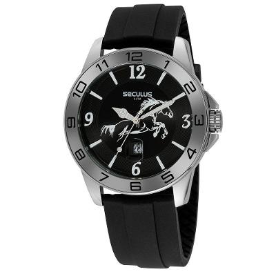 Relógio Masculino Country Calendário Analógico com Pulseira em Silicone Preto Séculus