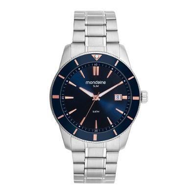 Relógio Masculino Calendário Prata Analógico Aço Inox Azul Mondaine
