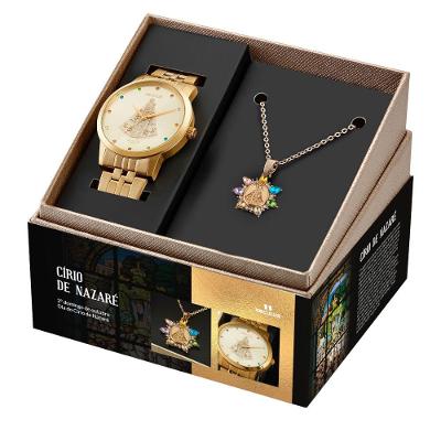 Kit Relógio Feminino Círio de Nazaré Analógico em Aço Inox com Colar Dourado Séculus