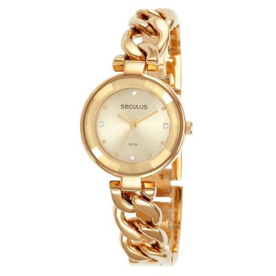 Relógio Feminino Clássico Dourado em Aço Inox com Cristais Séculus 30MM