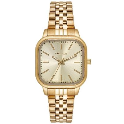 Relógio Feminino Quadrado Clássico em Aço Inox Dourado Séculus
