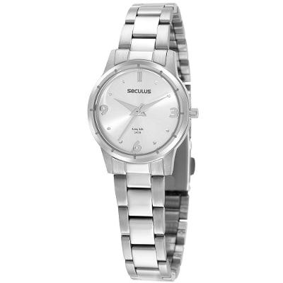 Relógio Feminino Casual Prata em Aço Inox com Fecho Lateral Séculus 2,2CM