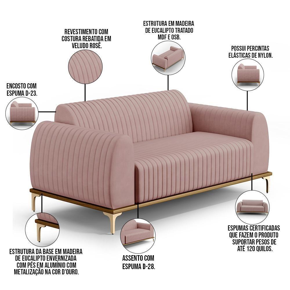 Sofá 3 Lugares Molino 210 Cm Pés D'ouro Veludo Rosê C-305 - 2