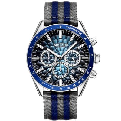 Relógio de Quartzo Masculino D Esign Analógico em Tecido Esportivo Azul Prata Megir
