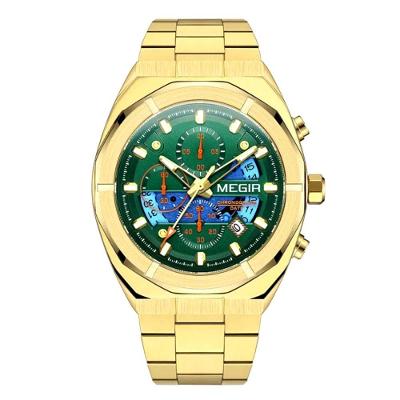 Relógio de Pulso Masculino Esportivo Dourado em Aço Inox com Cronógrafo Megir