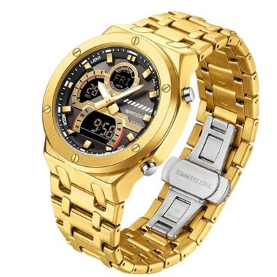 Relógio de Pulso Masculino Multifuncional Cronógrafo Aço Inox Touchscreen Dourado Sanda
