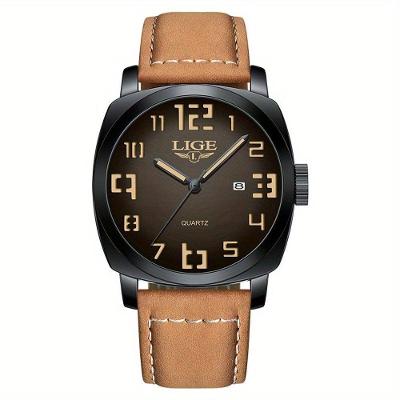 Relógio de Pulso Masculino Design com Mostrador Calendário em Couro com Display LED Marrom Lige