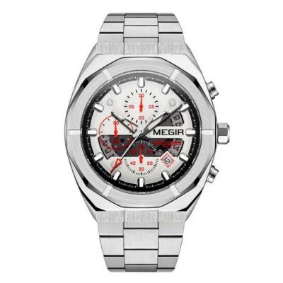 Relógio de Pulso Masculino Esportivo em Aço Inox Branco com Cronógrafo Megir
